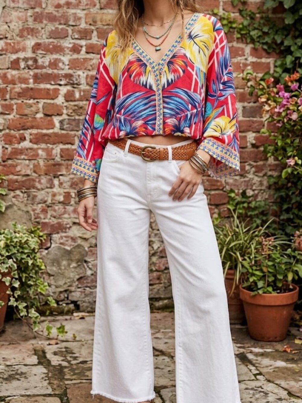 Flying Tomato Tropical Palm Batwing Kimono Crop Top Boho Festival Cover Up S